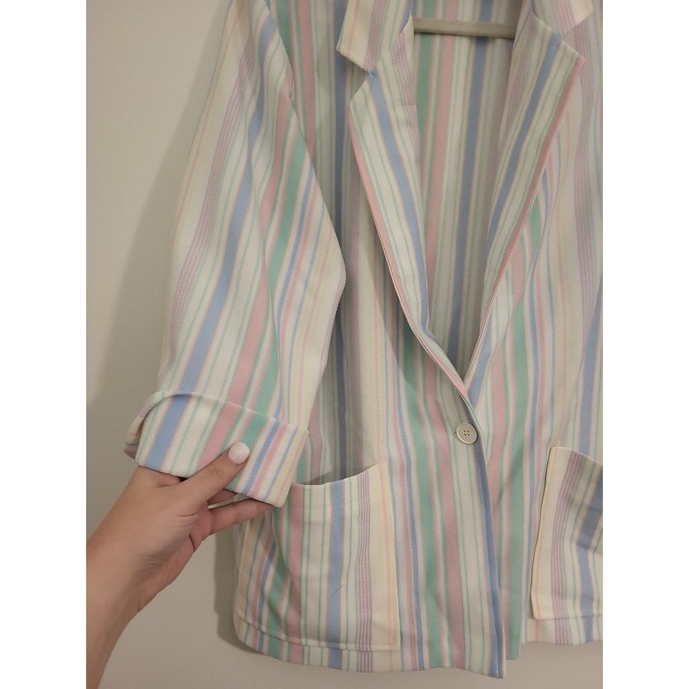 Vintage 80s Cricket Lane Pastel Striped Jacket Womens M L Made in USA 3/4 Sleeve - Picture 3 of 3